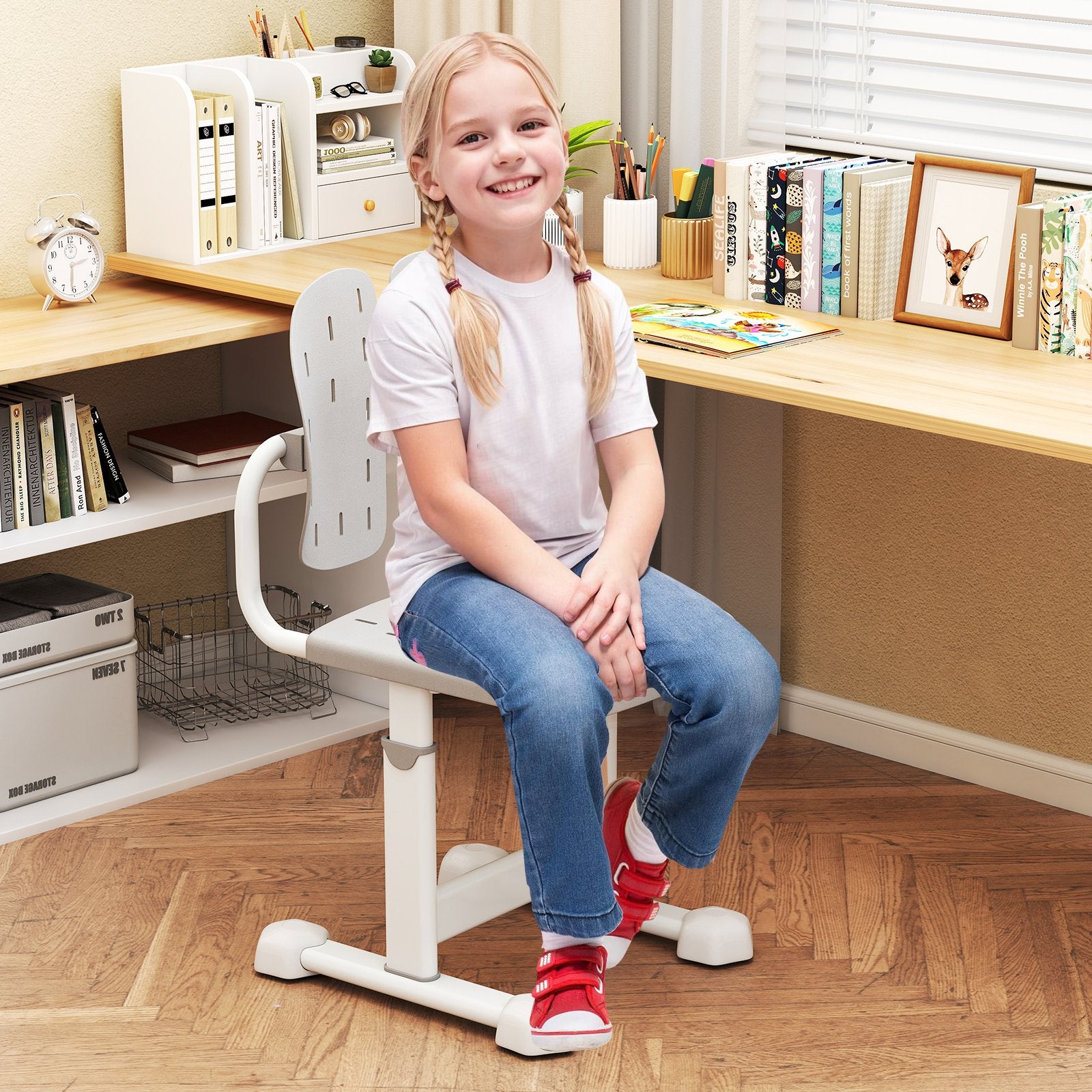 Height-adjustable Kid's Study Chair with Double Back Support and Breathable Seat for 3+ Years Old, Gray Kids Chairs & Seating at Gallery Canada