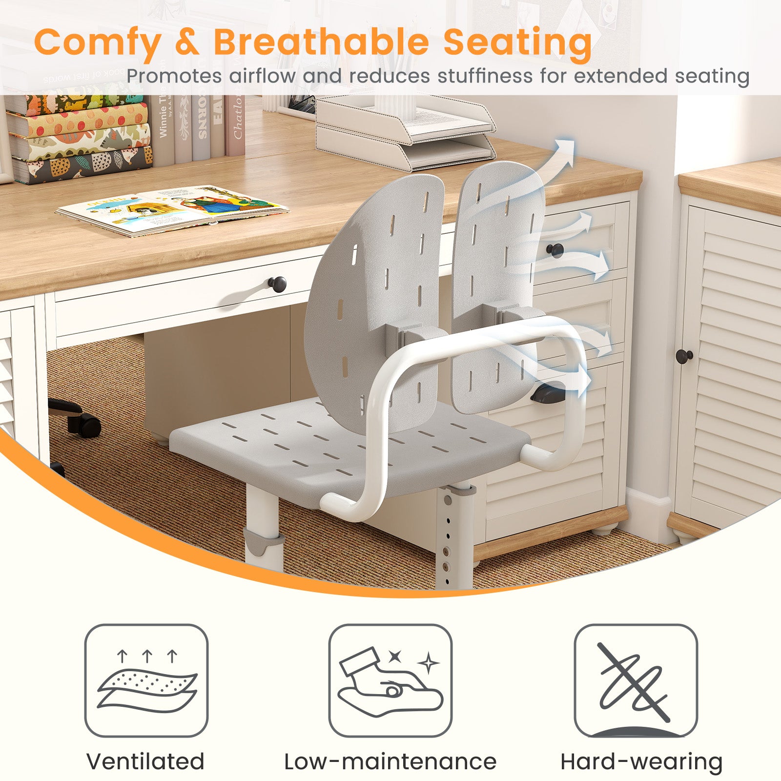 Height-adjustable Kid's Study Chair with Double Back Support and Breathable Seat for 3+ Years Old, Gray Kids Chairs & Seating at Gallery Canada