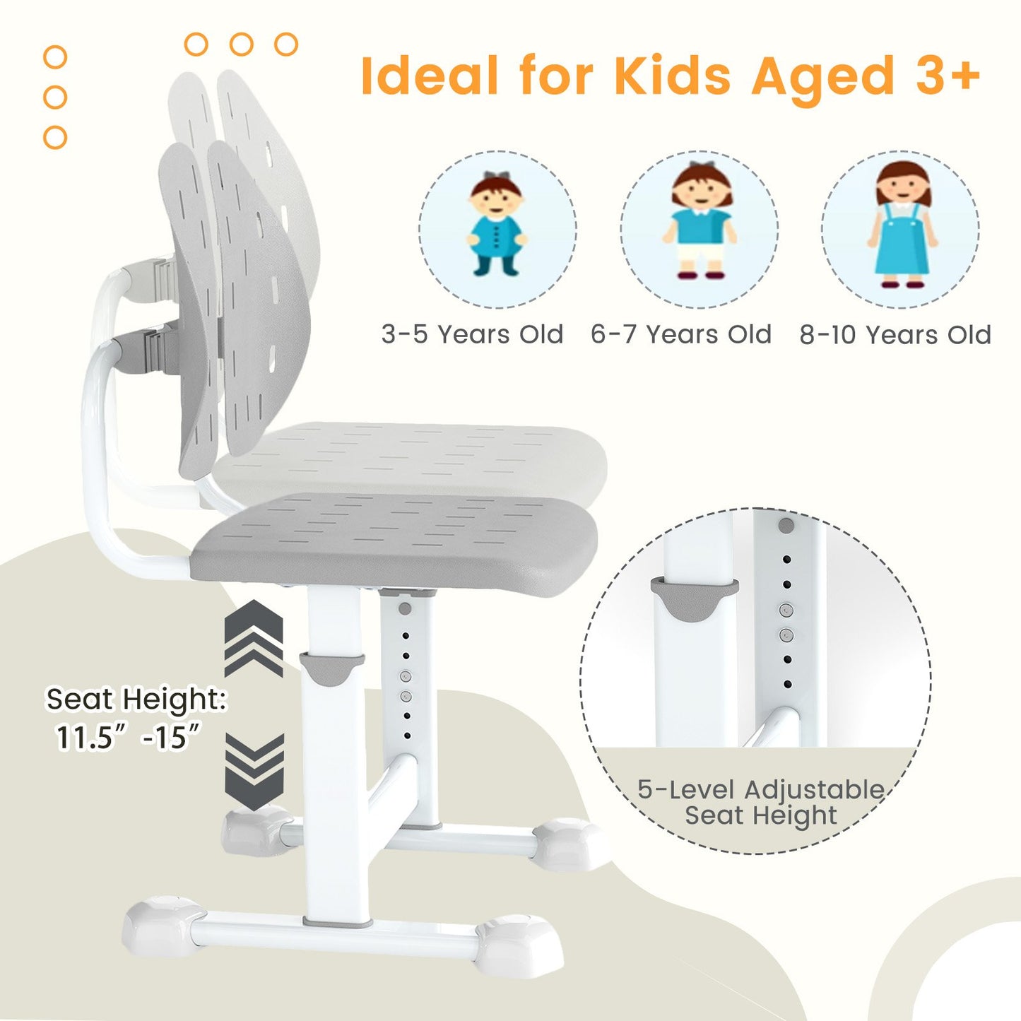 Height-adjustable Kid's Study Chair with Double Back Support and Breathable Seat for 3+ Years Old, Gray Kids Chairs & Seating at Gallery Canada