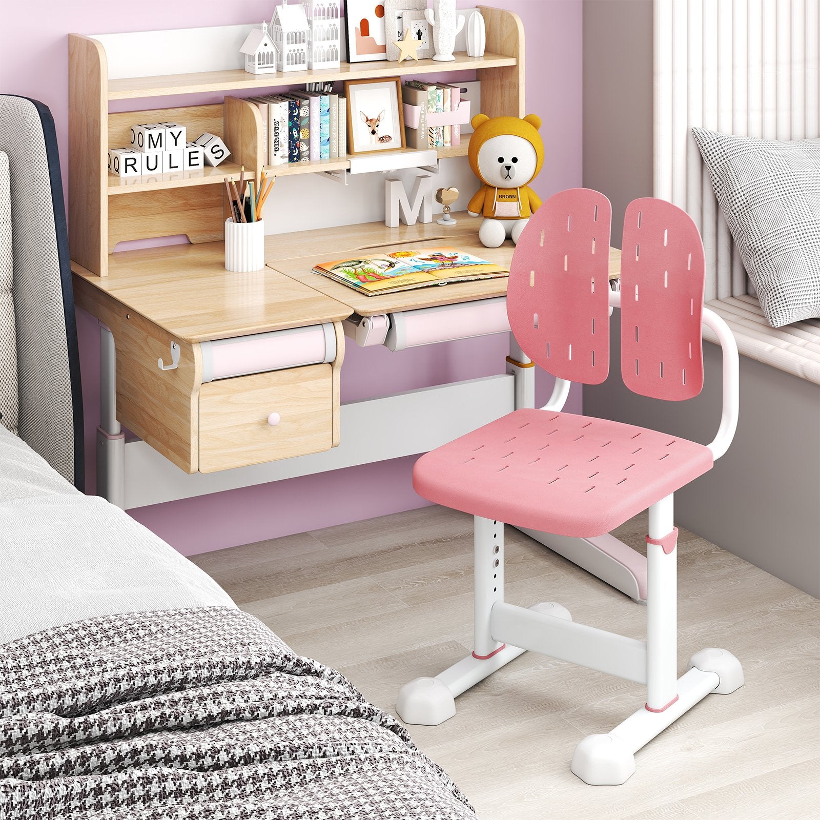 Height-adjustable Kid's Study Chair with Double Back Support and Breathable Seat for 3+ Years Old, Pink Kids Chairs & Seating at Gallery Canada