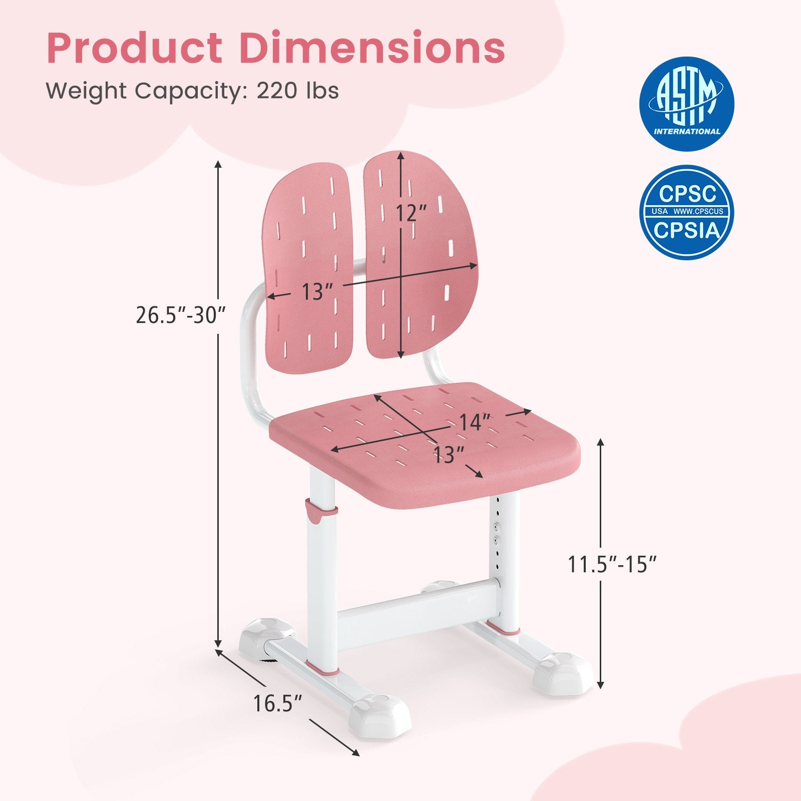 Height-adjustable Kid's Study Chair with Double Back Support and Breathable Seat for 3+ Years Old, Pink Kids Chairs & Seating at Gallery Canada