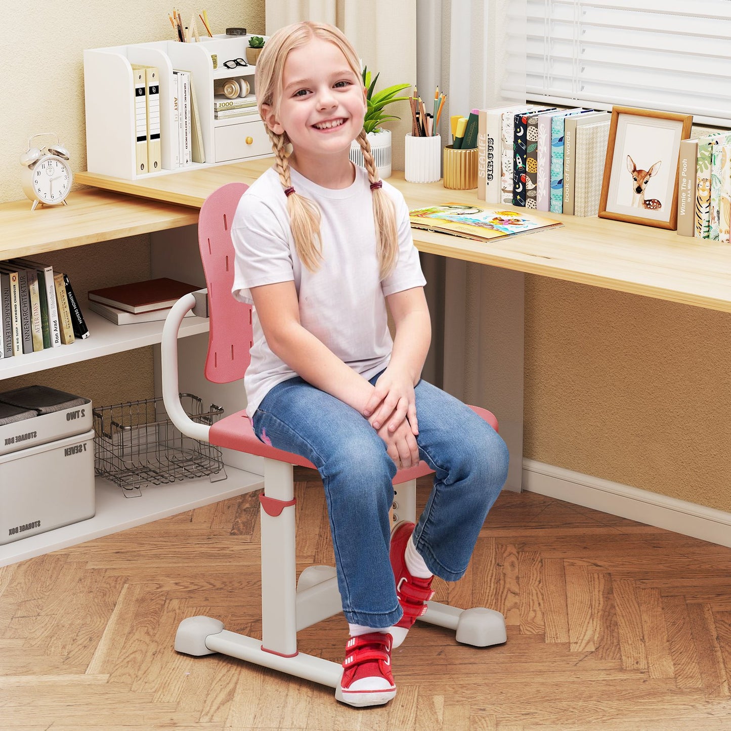 Height-adjustable Kid's Study Chair with Double Back Support and Breathable Seat for 3+ Years Old, Pink Kids Chairs & Seating at Gallery Canada