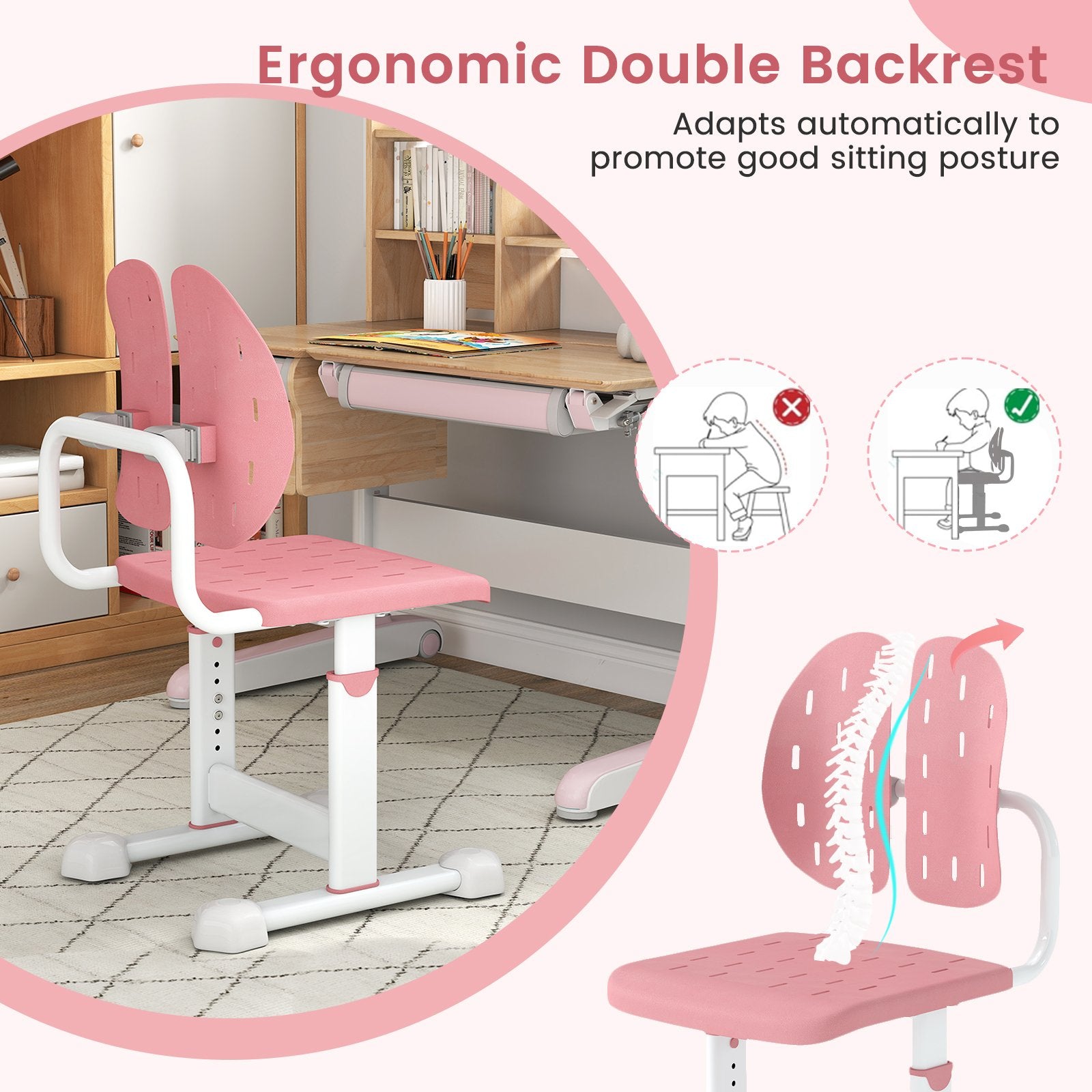 Height-adjustable Kid's Study Chair with Double Back Support and Breathable Seat for 3+ Years Old, Pink Kids Chairs & Seating at Gallery Canada