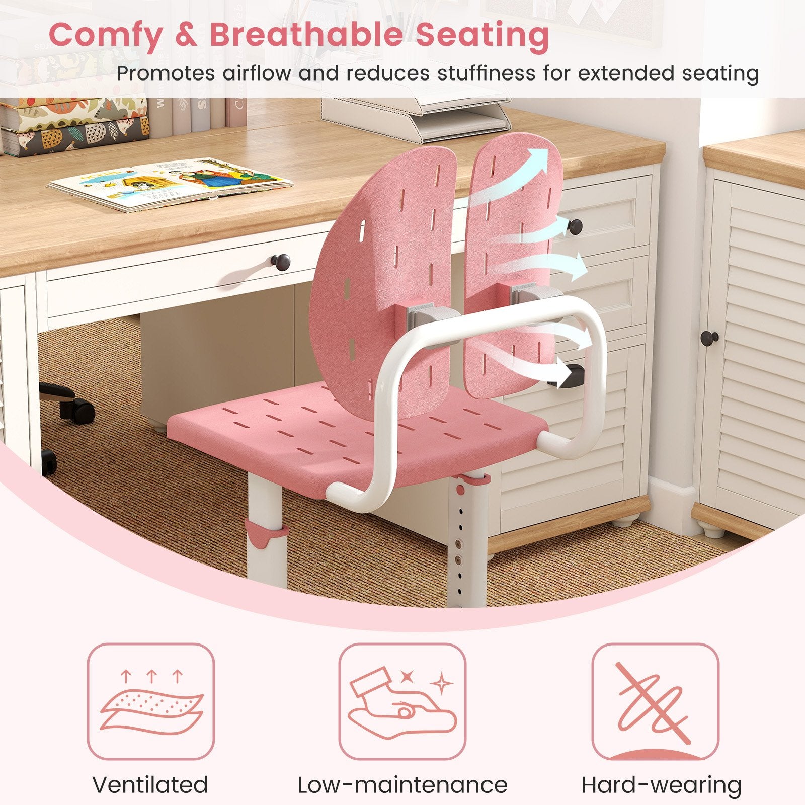 Height-adjustable Kid's Study Chair with Double Back Support and Breathable Seat for 3+ Years Old, Pink Kids Chairs & Seating at Gallery Canada