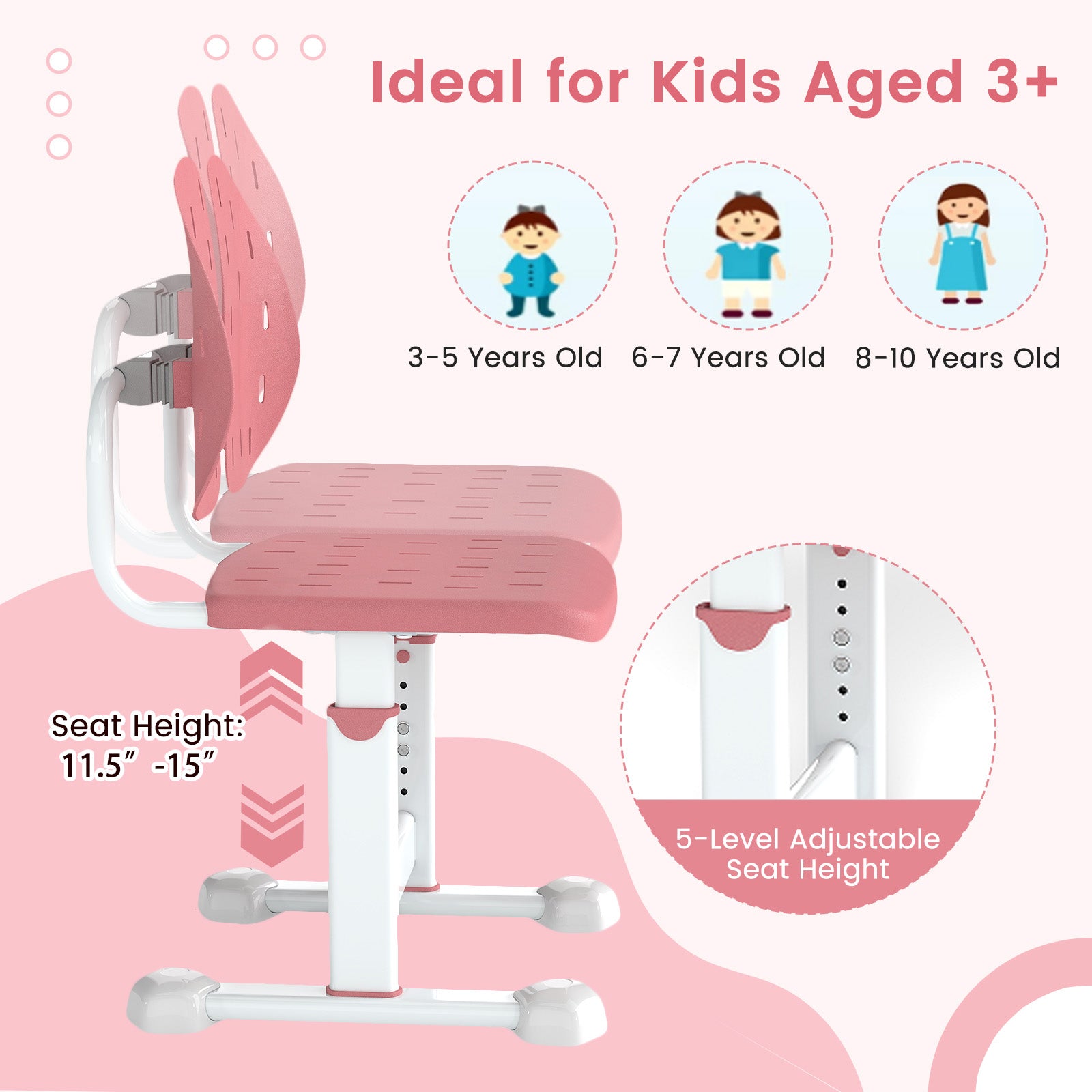 Height-adjustable Kid's Study Chair with Double Back Support and Breathable Seat for 3+ Years Old, Pink Kids Chairs & Seating at Gallery Canada
