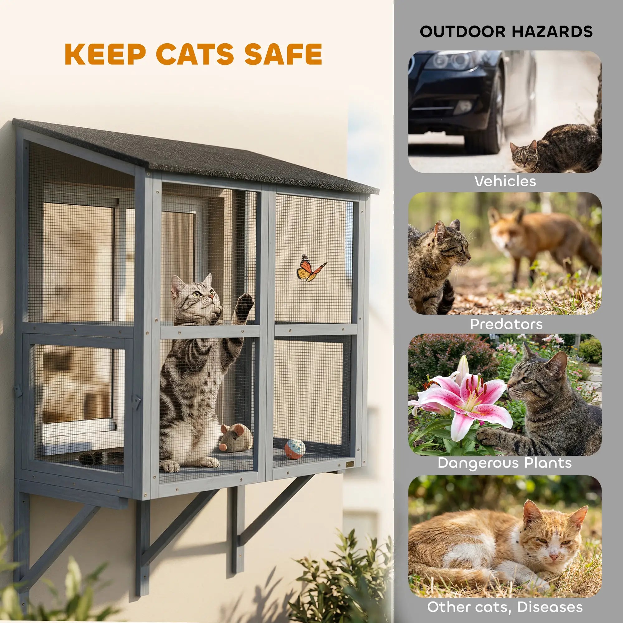 Outdoor Cat Enclosure, Wall-Mounted 2-Level, Waterproof Roof, 39.4