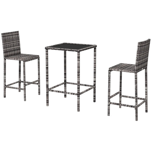 3 Piece Patio Bar Set, Wicker Rattan, Barstool and Table, Grey