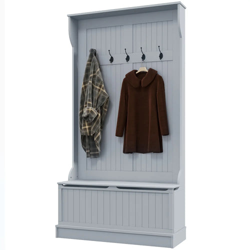 3-In-1 Entryway Hall Tree, Coat Rack, Bench, Shoe Storage, 5 Hooks, Grey