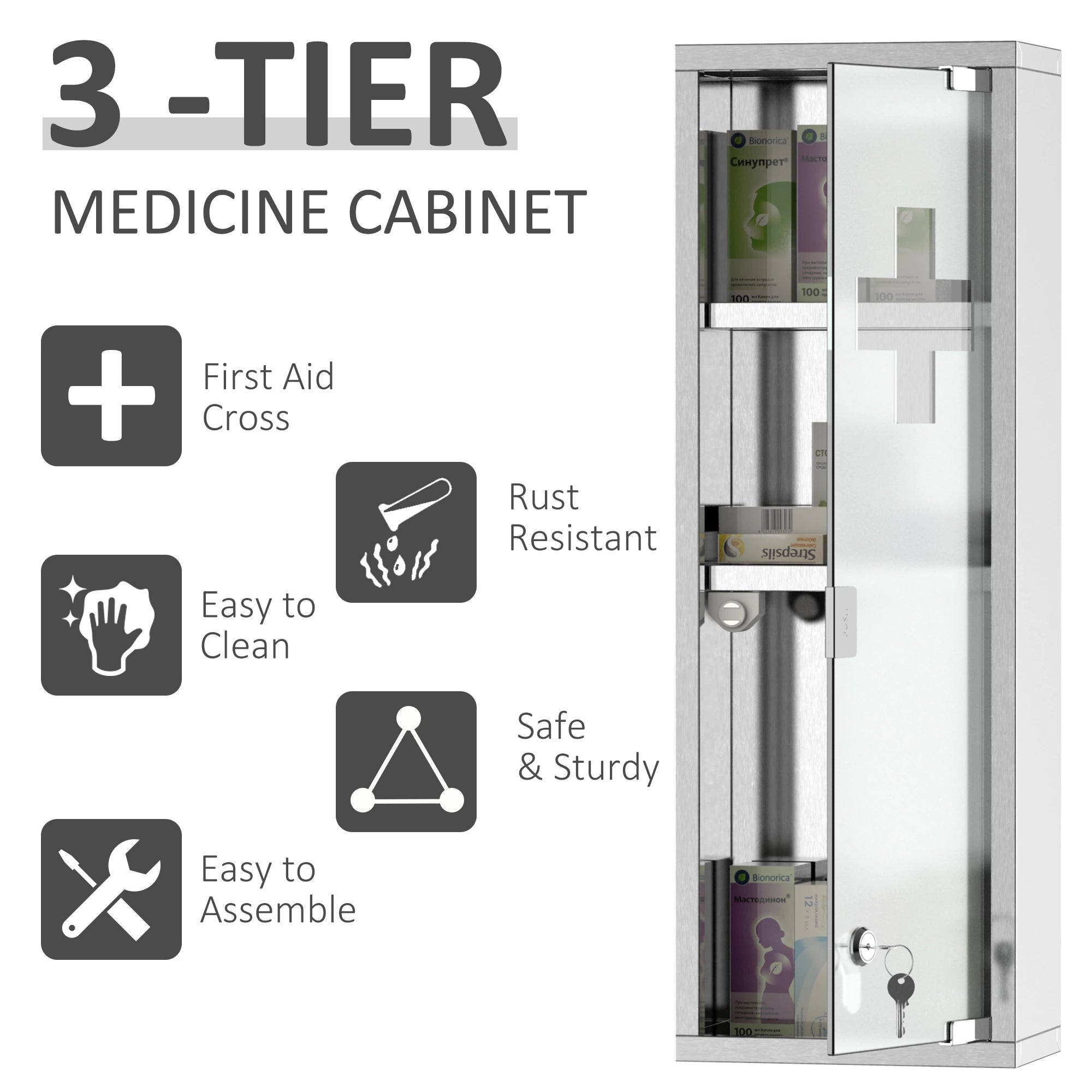 Wall Mount Medicine Cabinet, 3 Tier Shelves, Stainless Steel Frame, Glass Door, Lockable, 8