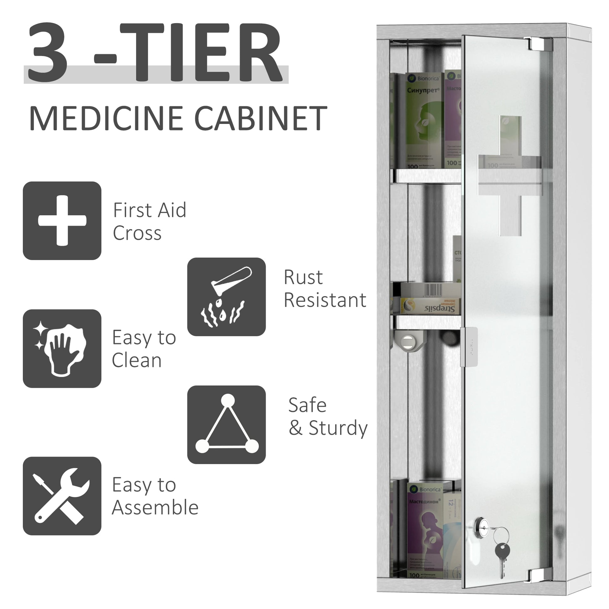 Wall Mount Medicine Cabinet, 3 Tier Shelves, Stainless Steel Frame, Glass Door, Lockable, 8" x 23", Silver Mirror Medicine Cabinets at Gallery Canada
