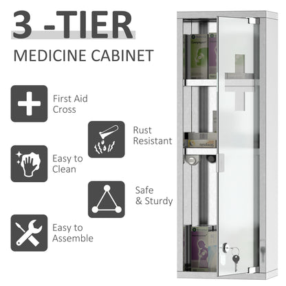 Wall Mount Medicine Cabinet, 3 Tier Shelves, Stainless Steel Frame, Glass Door, Lockable, 8" x 23", Silver Mirror Medicine Cabinets at Gallery Canada