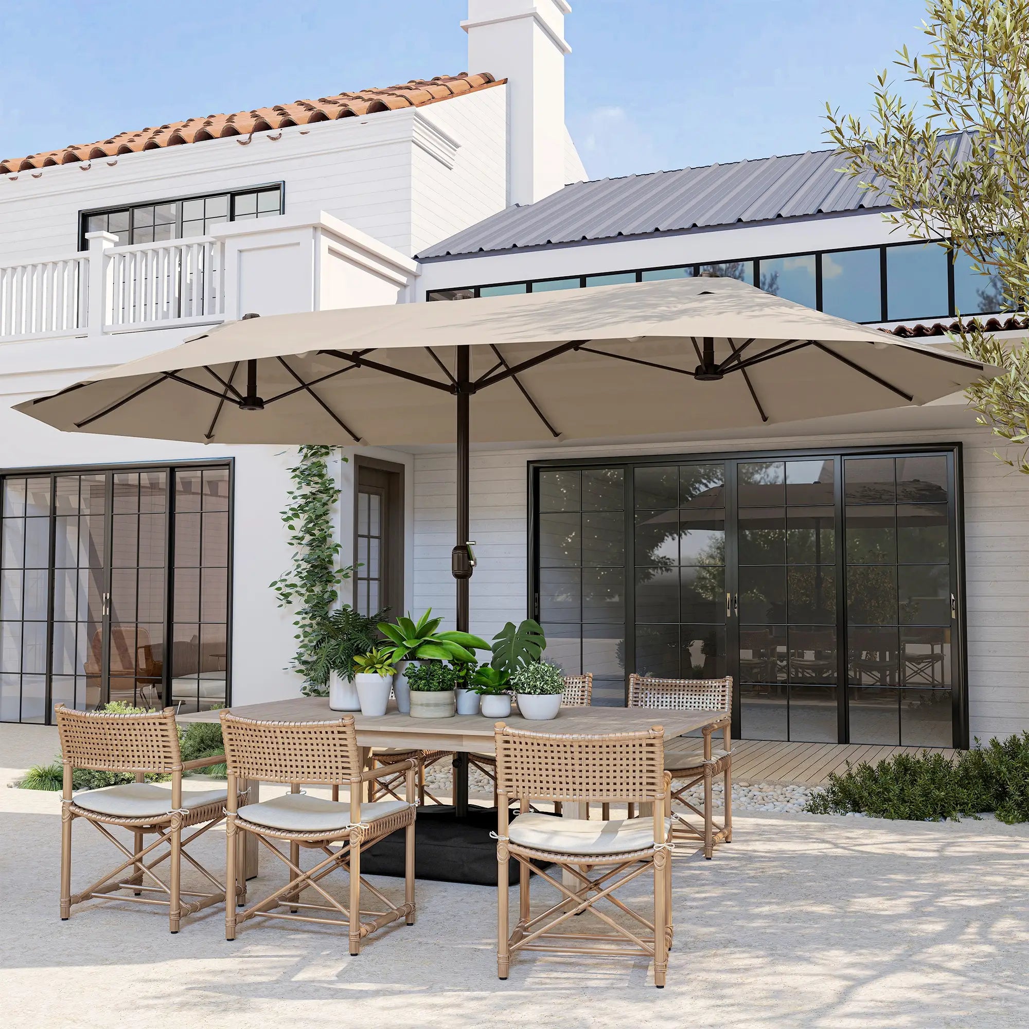 15' Outdoor Patio Umbrella, Twin Canopy Sunshade, Steel, Lift Crank, Khaki Sun Umbrellas at Gallery Canada