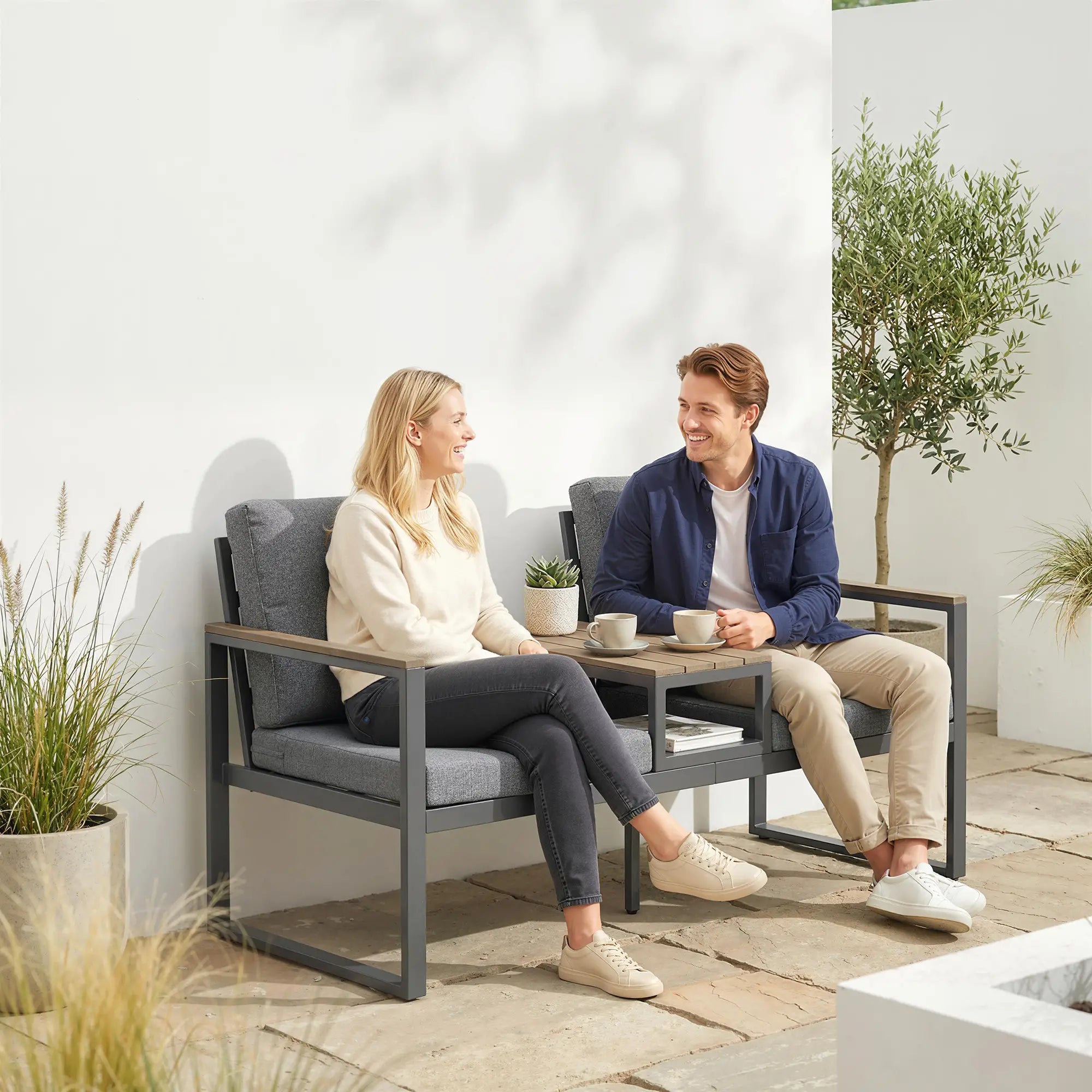 Outdoor Garden Bench With Integrated Table, 2 Seater Patio Loveseat, 136 cm, Grey Outdoor Benches at Gallery Canada
