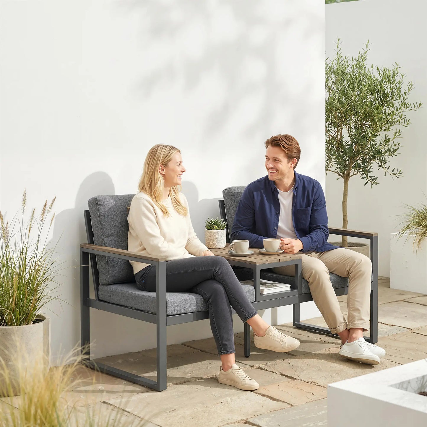 Outdoor Garden Bench With Integrated Table, 2 Seater Patio Loveseat, 136 cm, Grey Outdoor Benches at Gallery Canada
