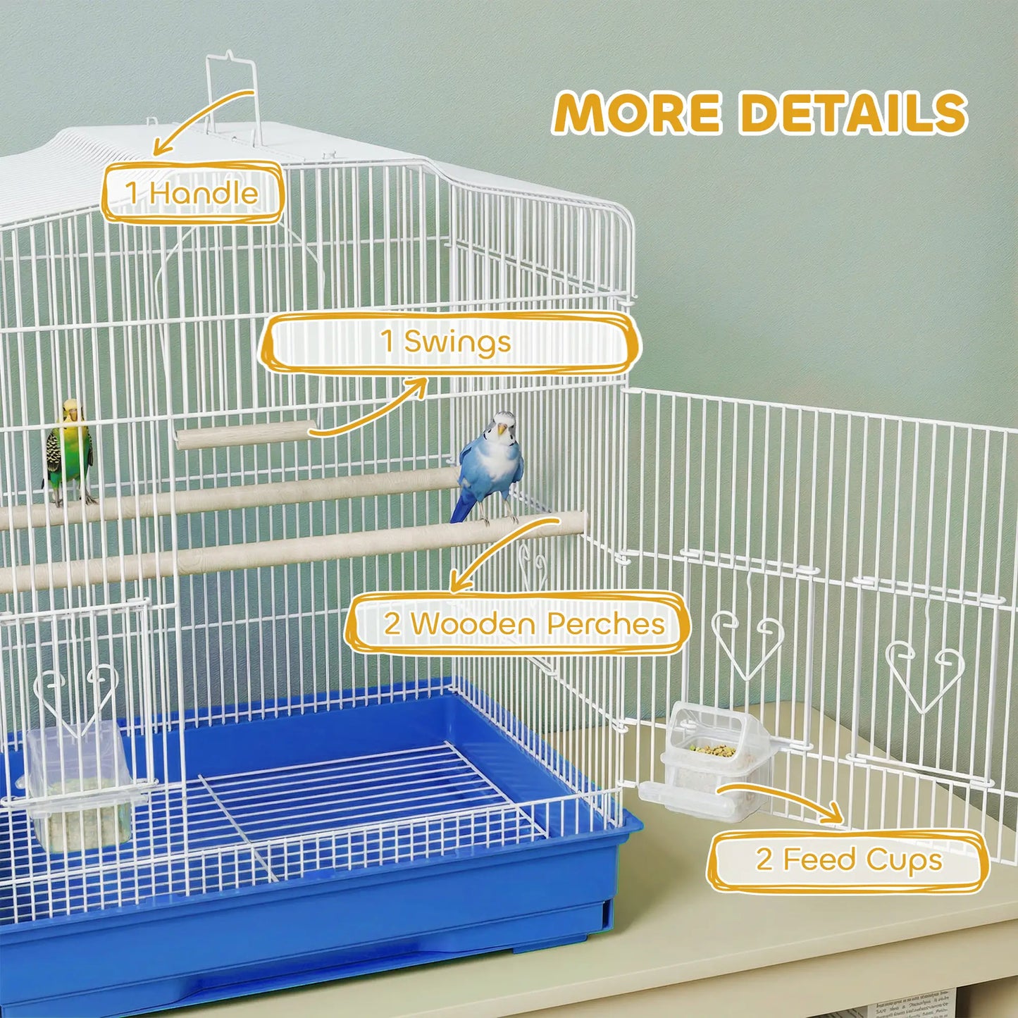 23" Bird Cage for Finches Canaries, with Doors Perches, Blue