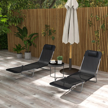 Folding Outdoor Lounge Chair Set, 2 Reclining Tanning Chairs, 5-Position Adjustable Backrest, Black