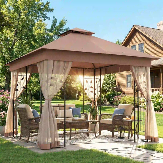10'x10' Dark Brown Steel Patio Gazebo, Soft-Top Sun Shelter, Dark Brown Gazebos Dark Brown at Gallery Canada