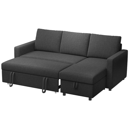 Convertible Corner Sofa Bed, Built-In Storage, 3 Removable Cushions, Black