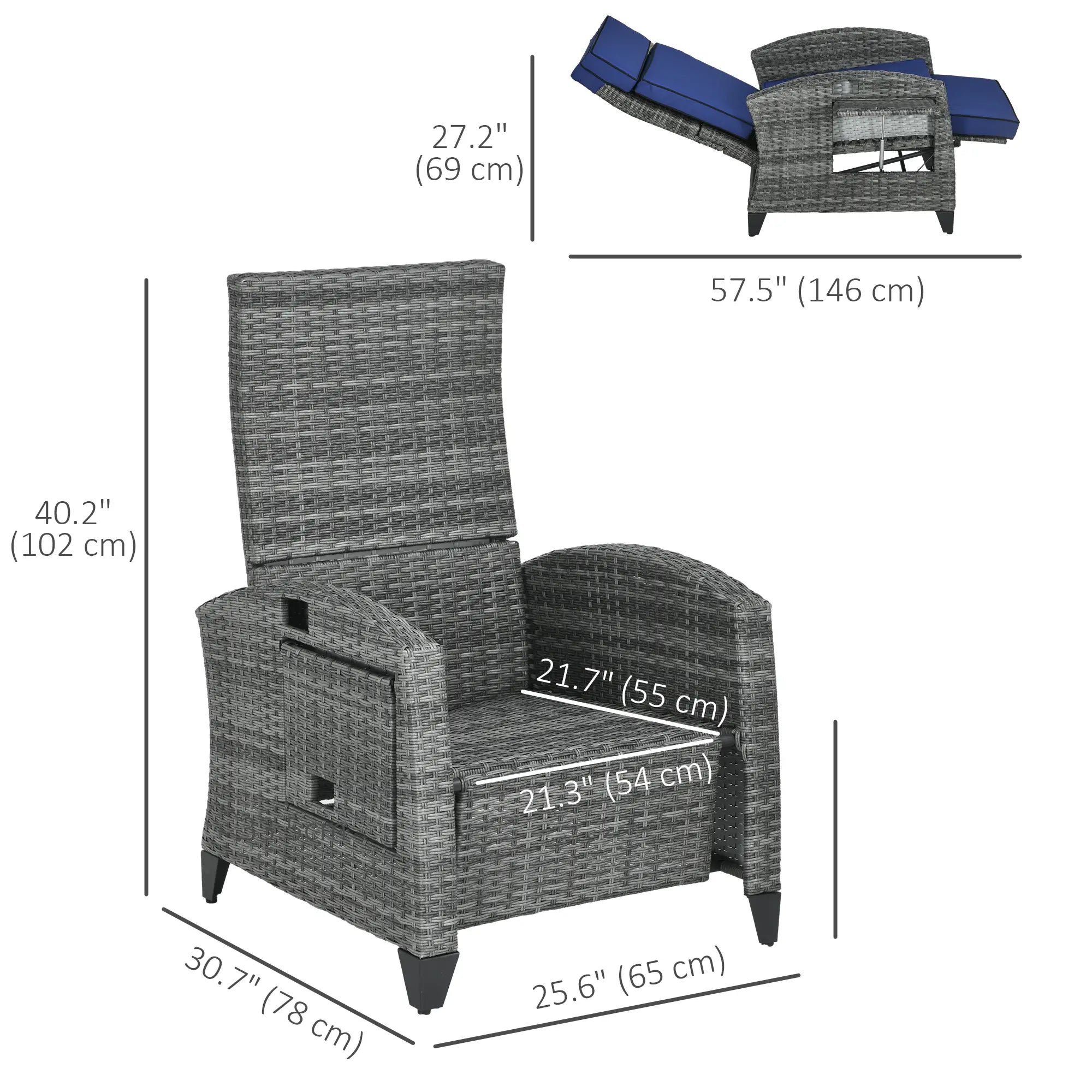 Outdoor Recliner Chair, Adjustable Backrest, Cushion, Side Tray, Dark Blue Wicker Chaise Loungers at Gallery Canada