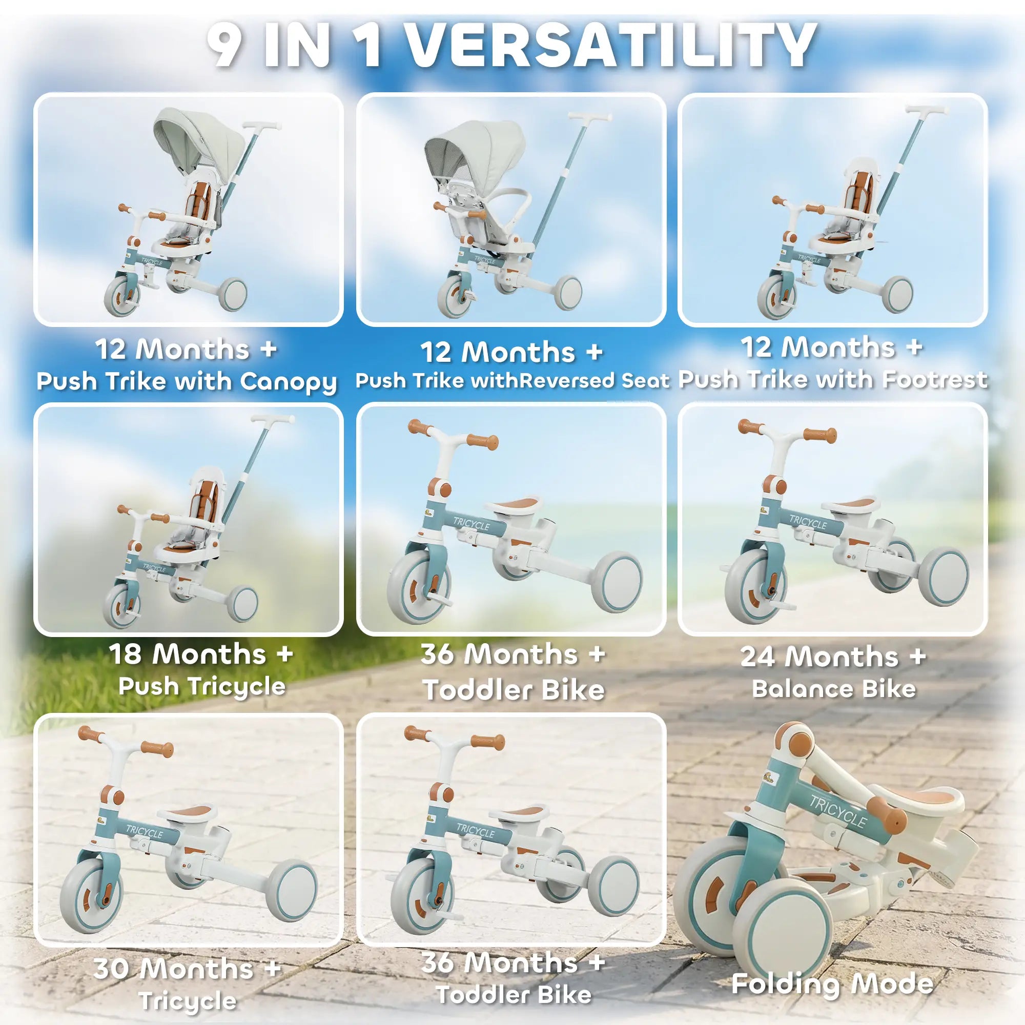 7 in 1 Toddler Tricycle, Adjustable Parent Handle, Canopy, Storage Bag, Brake, Blue Tricycles for Kids at Gallery Canada