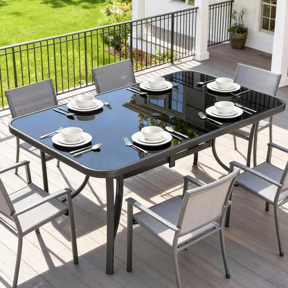 Outdoor Dining Table For 6, Metal Patio Table With Tempered Glass Top