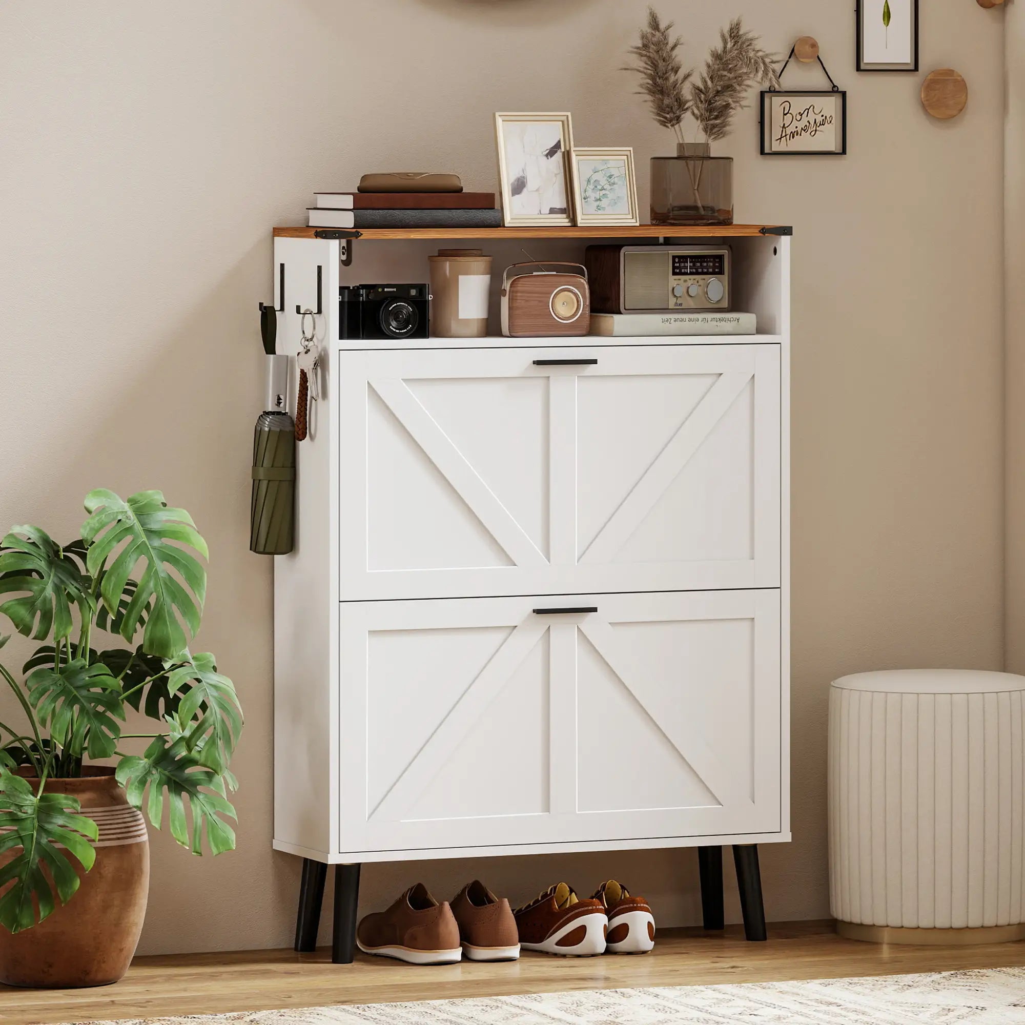 Shoe Storage Cabinet With 2 Flip Drawers, Farmhouse Narrow, White Shoe Storage Cabinets & Racks at Gallery Canada