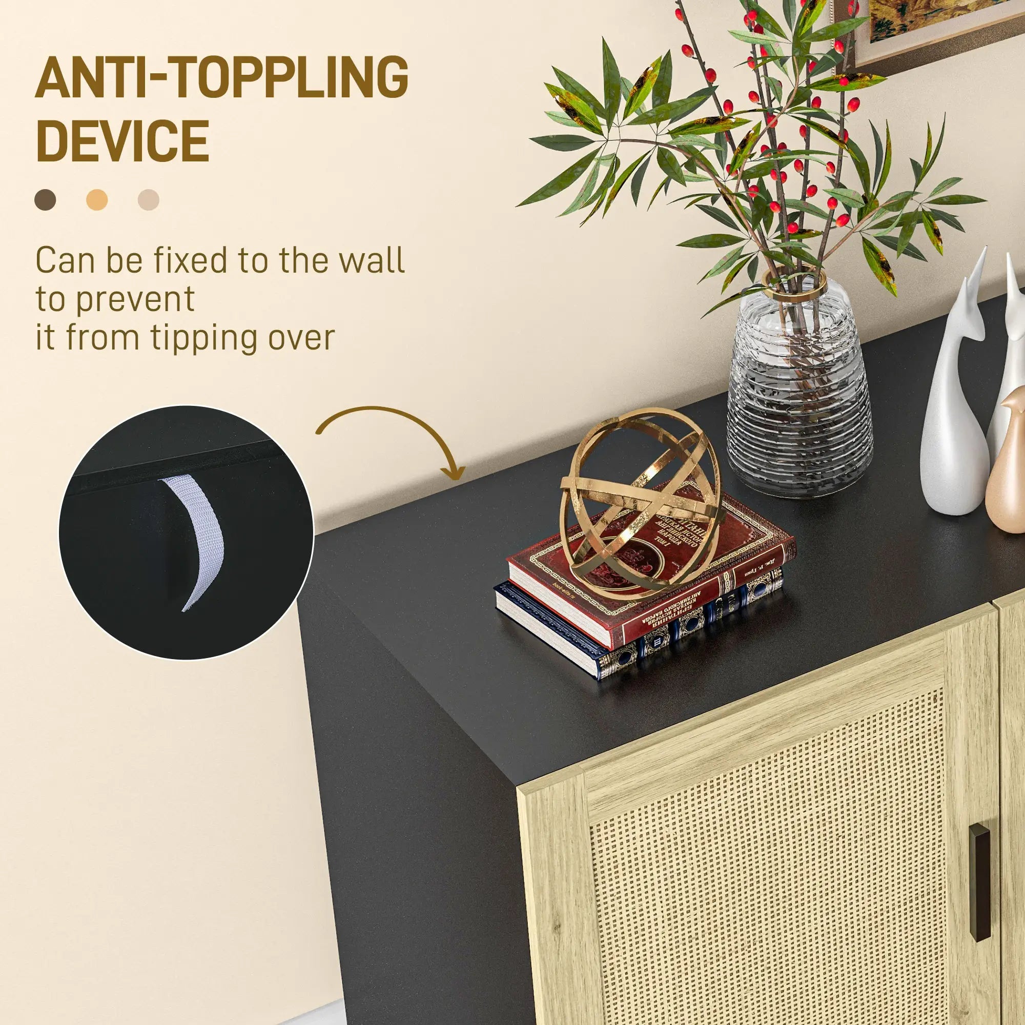 Boho Sideboard, 3 Rattan Doors, Adjustable Shelves, Natural, Black Storage Cabinets at Gallery Canada