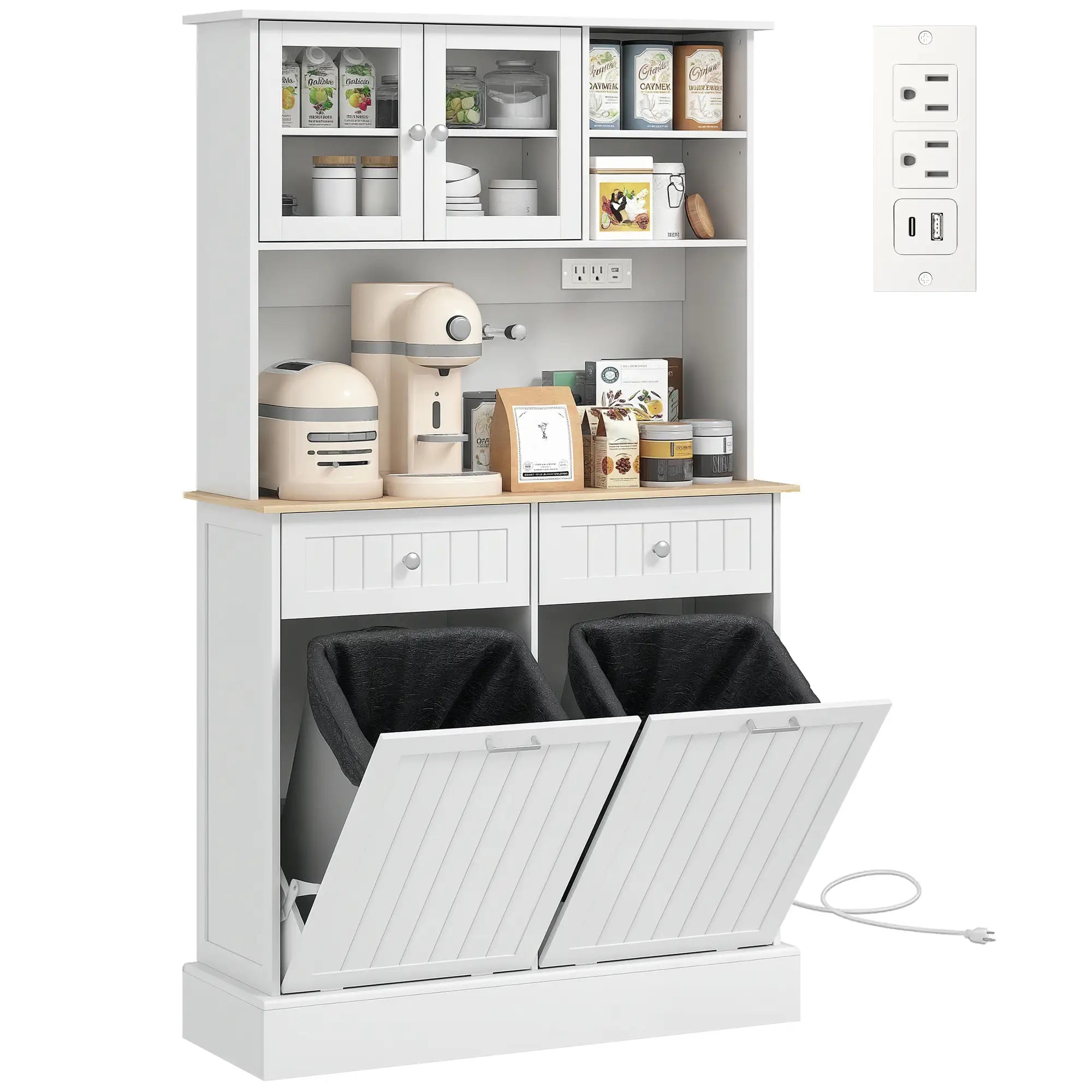 Kitchen Cabinet With Charging Station, 2 Tilt Out Cabinets, Microwave Stand, White Kitchen Pantry Cabinets at Gallery Canada