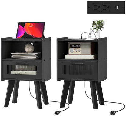 Modern Nightstands Set of 2, Charging Station, Storage, Glass Door, Black Side Tables Black at Gallery Canada