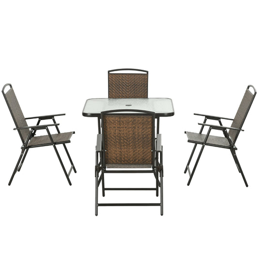5 Pieces Folding Rattan Patio Table and Chairs for 4 with Umbrella Hole, Tempered Glass Top, Dark Brown at Gallery Canada