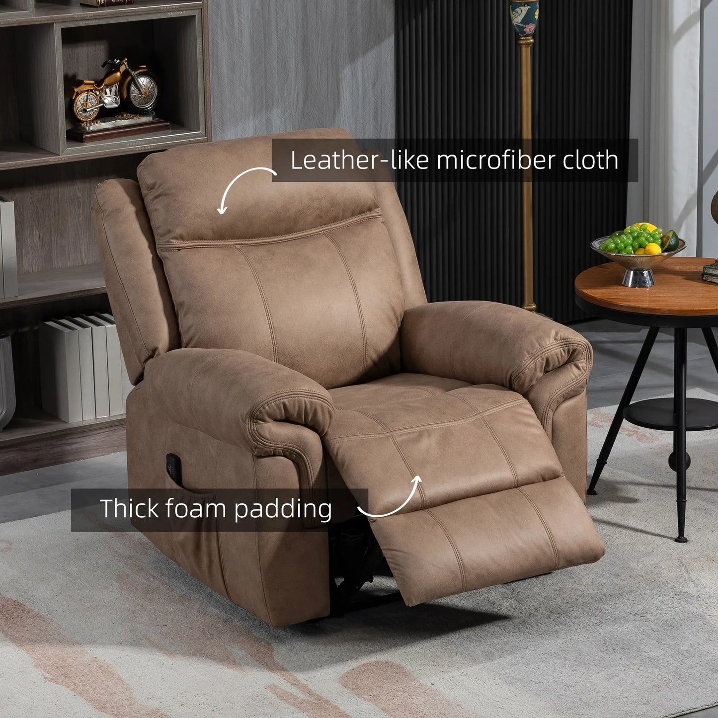 Manual Recliner Chair, Vibration Massage, Side Pockets, Microfibre, Brown Single Sofas at Gallery Canada