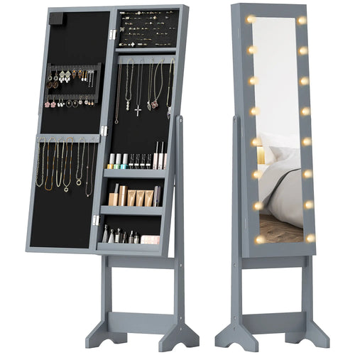 Free Standing Armoire Organizer, Lighted Mirrored Jewelry Cabinet, Grey