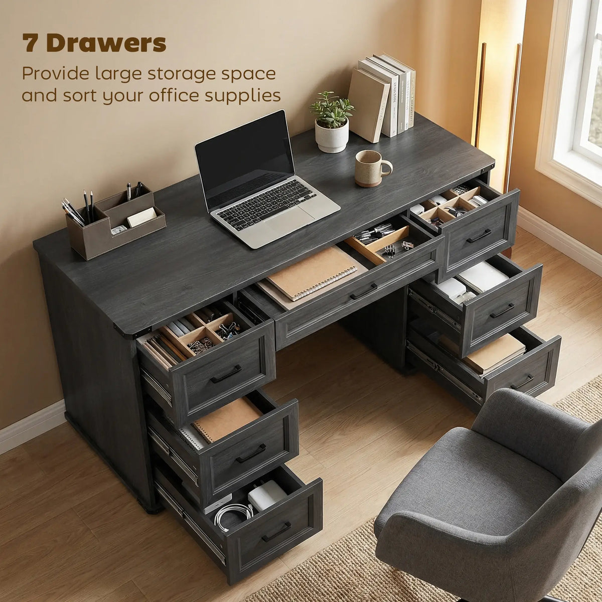 55" Computer Desk With 7 Drawers, Farmhouse Executive Desk, Black Wood Grain, Black Computer Desks at Gallery Canada
