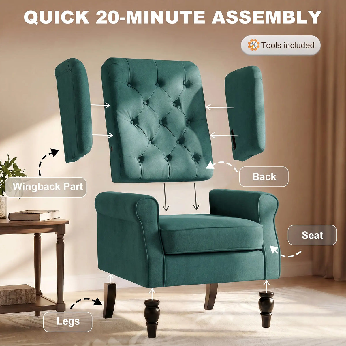 Fabric Accent Chair, Button Tufted, Wood Legs, Dark Green Accent Chairs at Gallery Canada