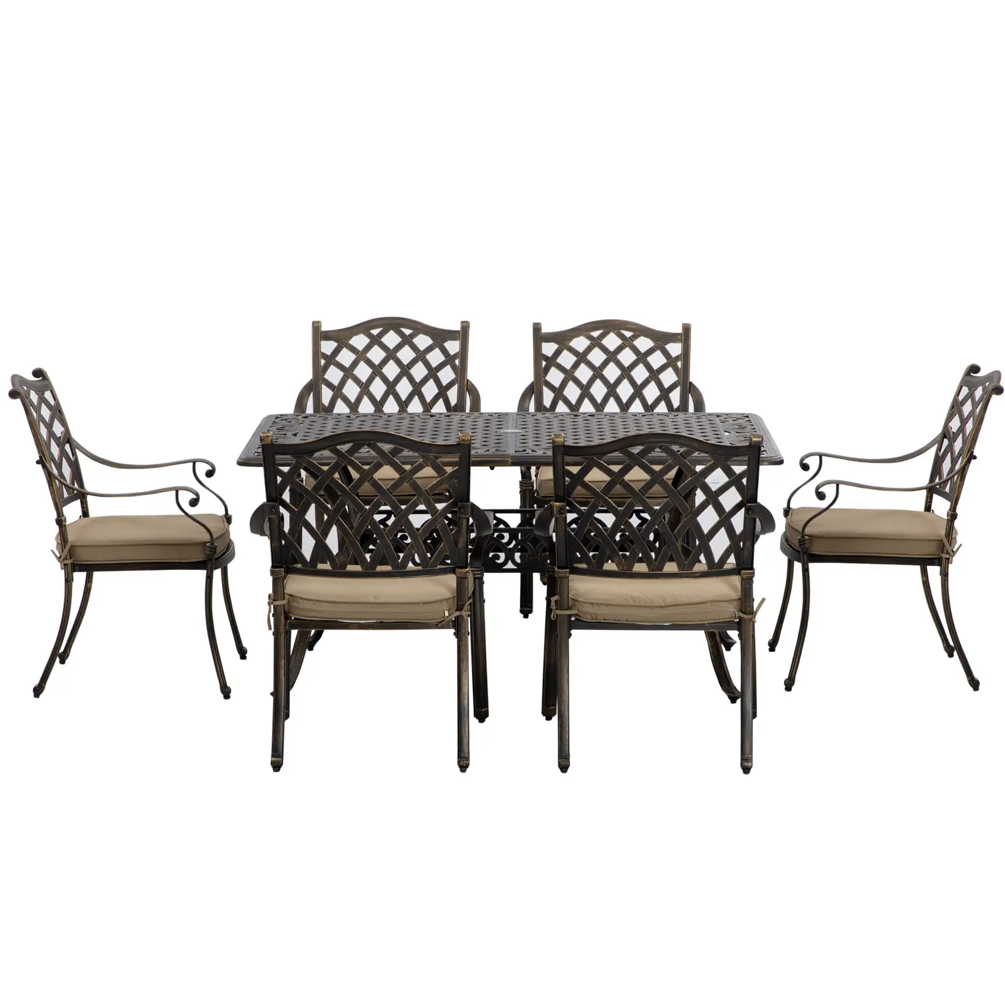 7-Piece Patio Dining Set, Cast Aluminum, 6 Cushioned Chairs, Rectangle Table, Khaki Bistro Sets at Gallery Canada