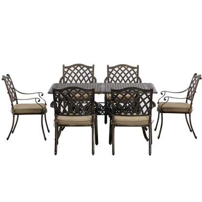 7-Piece Patio Dining Set, Cast Aluminum, 6 Cushioned Chairs, Rectangle Table, Khaki Bistro Sets at Gallery Canada