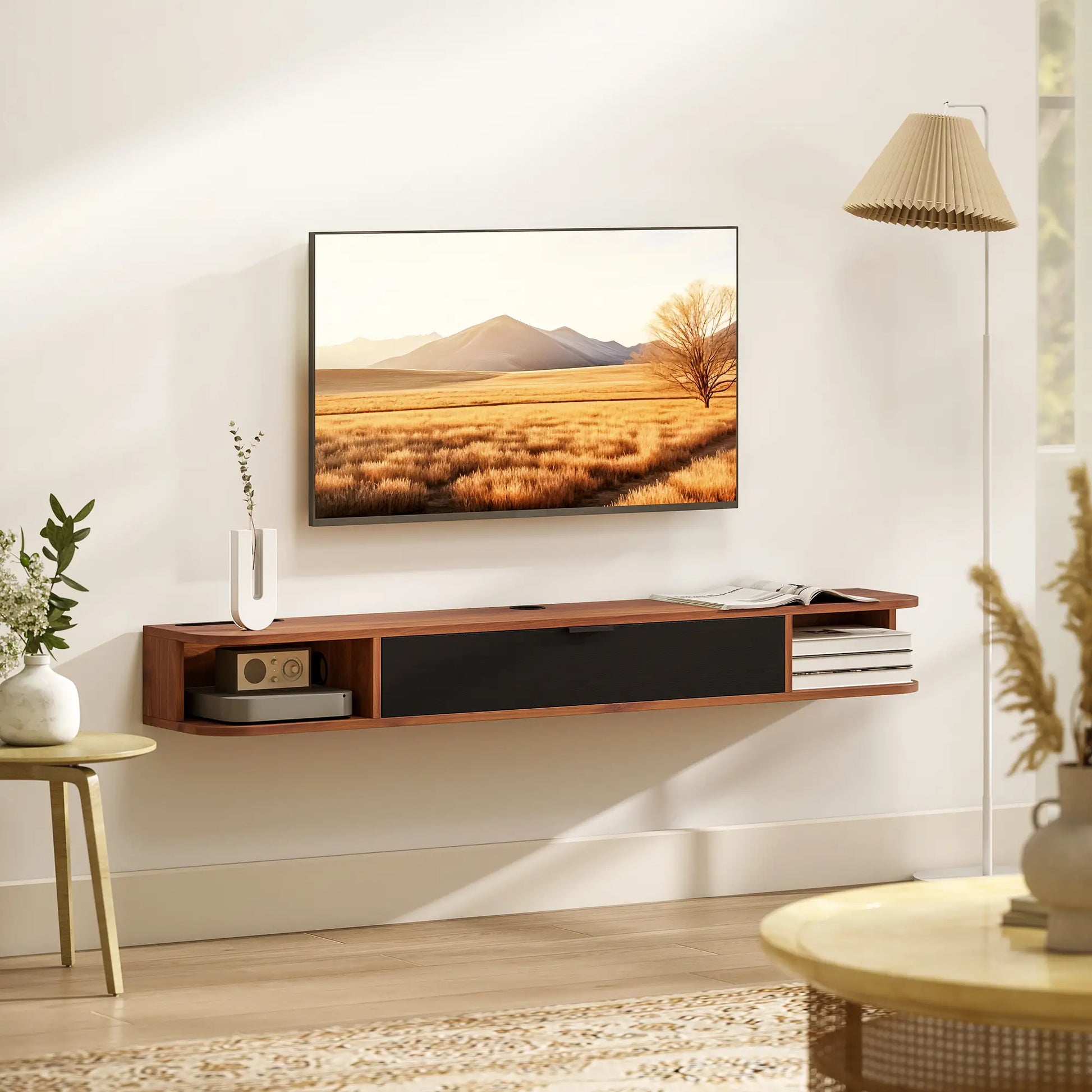 55 Inch Floating TV Stand, Wall Mounted Media Console, Walnut TV Stands at Gallery Canada