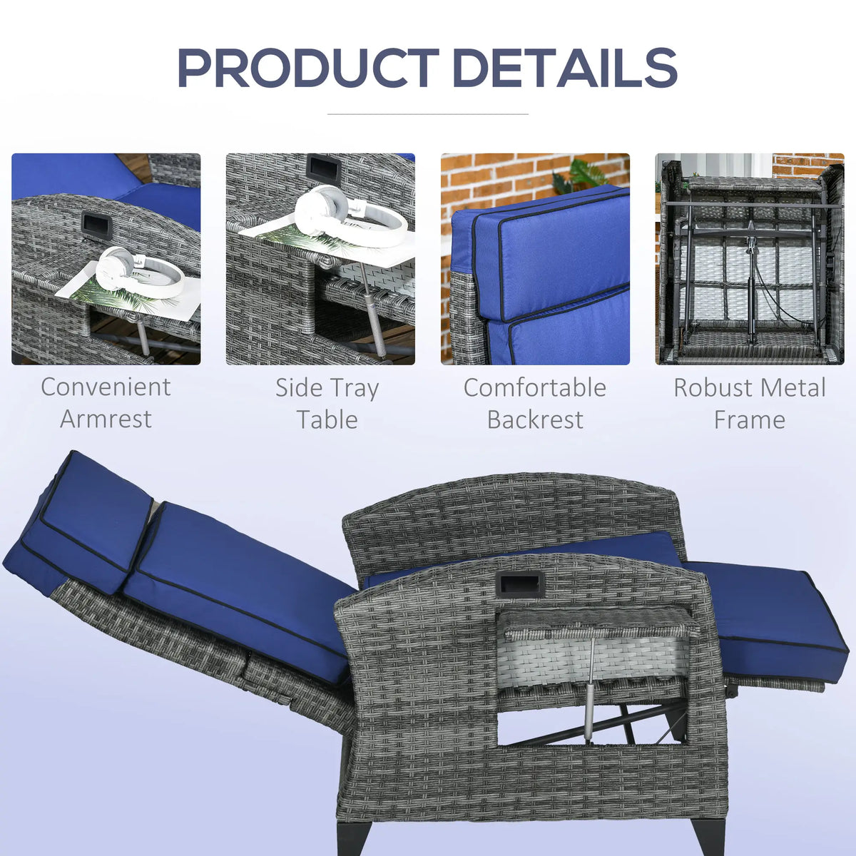 Outdoor Recliner Chair, Adjustable Backrest, Cushion, Side Tray, Dark Blue Wicker Chaise Loungers at Gallery Canada