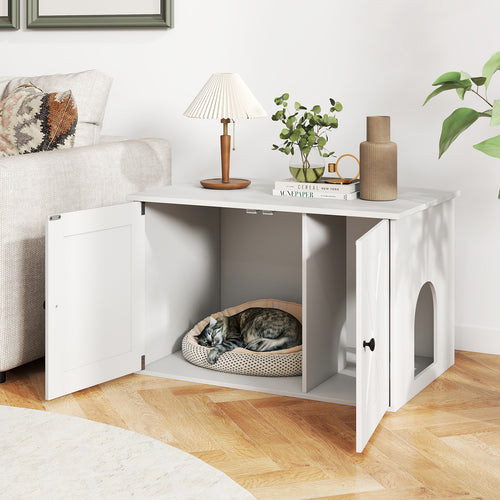 Hidden Cat Litter Box Enclosure With Divider, White