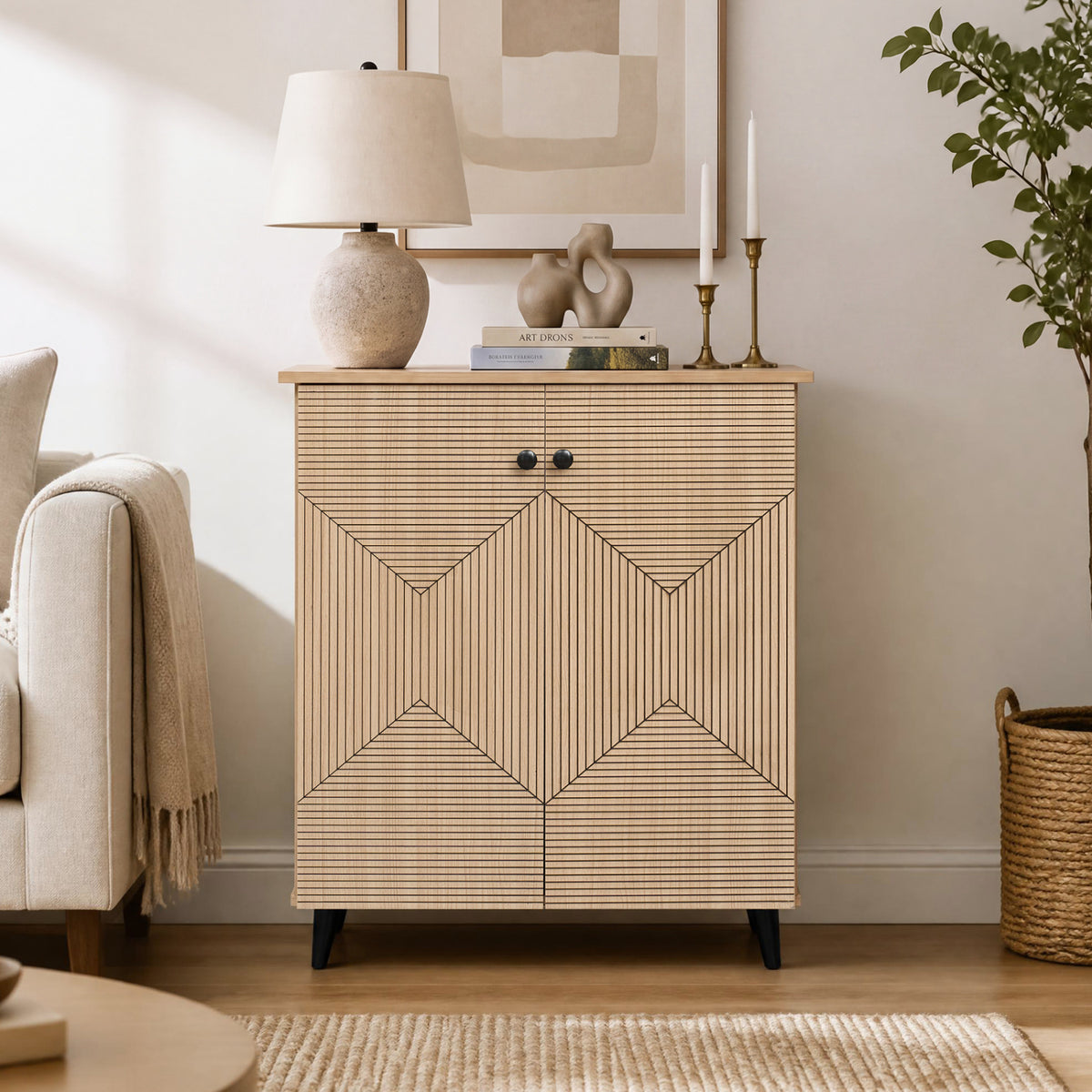 2-Door Geometric Cabinet, Freestanding Footwear Storage, Natural