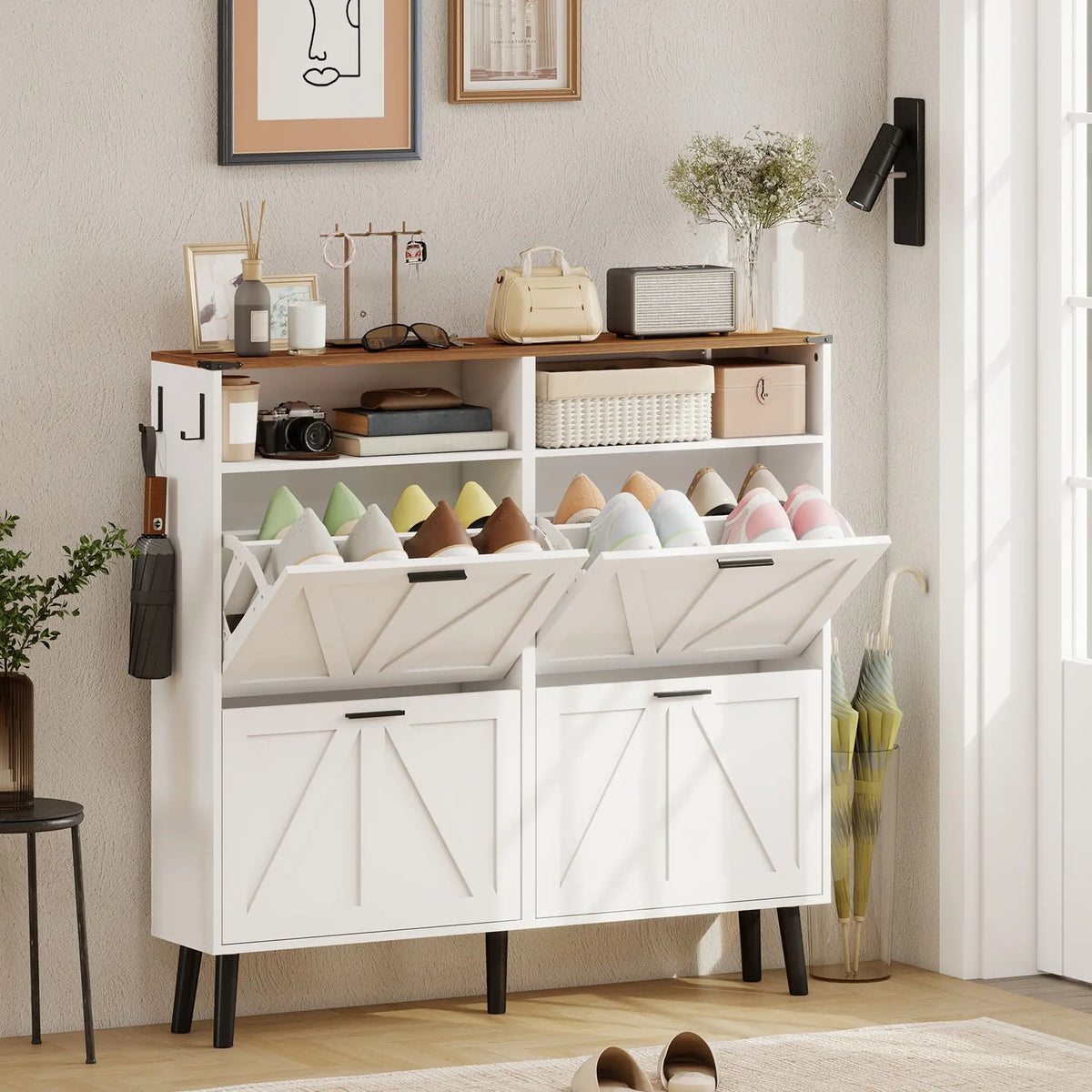 Shoe Storage Cabinet, 4 Flip Drawers, Farmhouse Narrow, Holds 24 Pairs, White Shoe Storage Cabinets & Racks at Gallery Canada