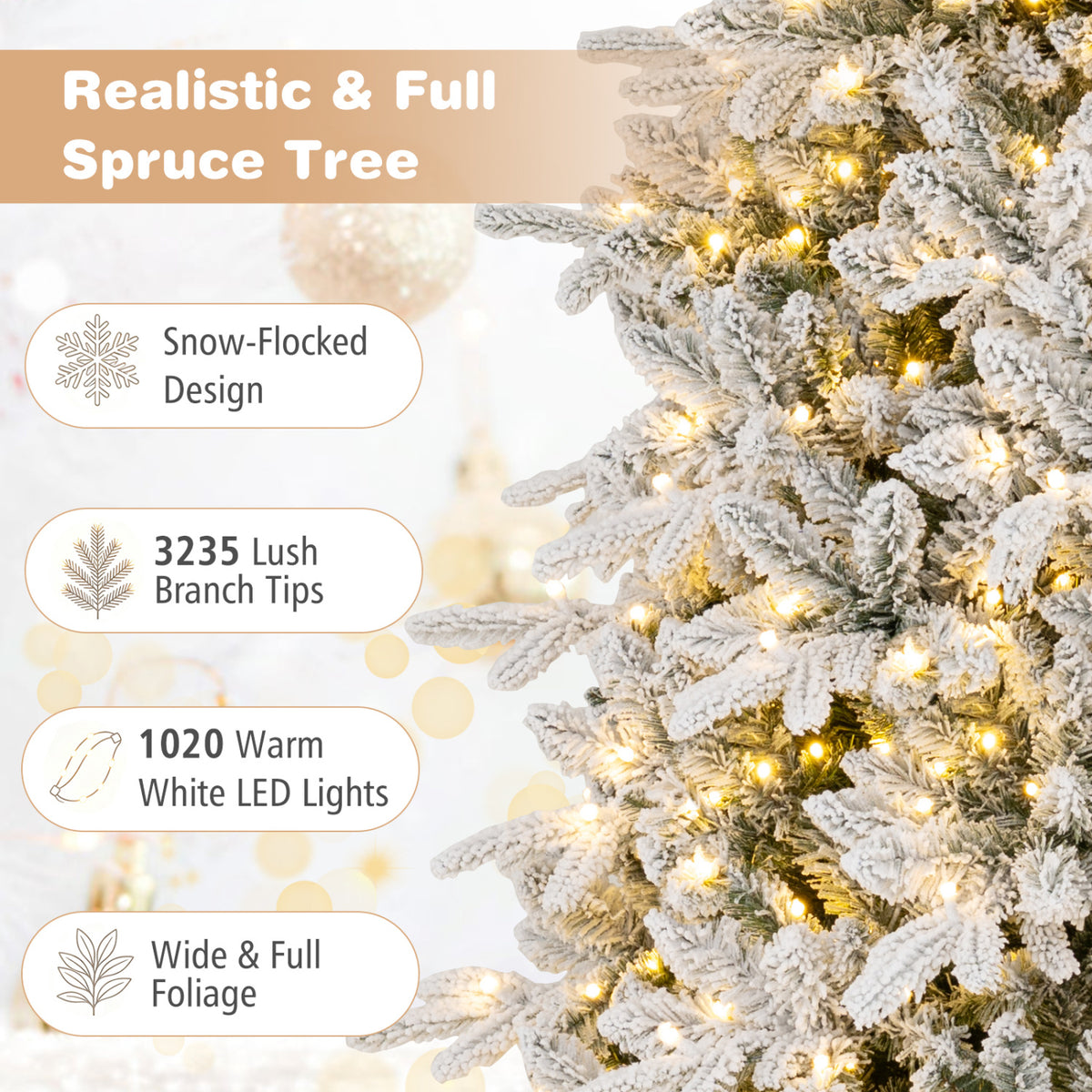 Hinged Artificial Spruce Xmas Tree with 3235/3882 Branch Tips and 1020 Warm White LED Lights, Green