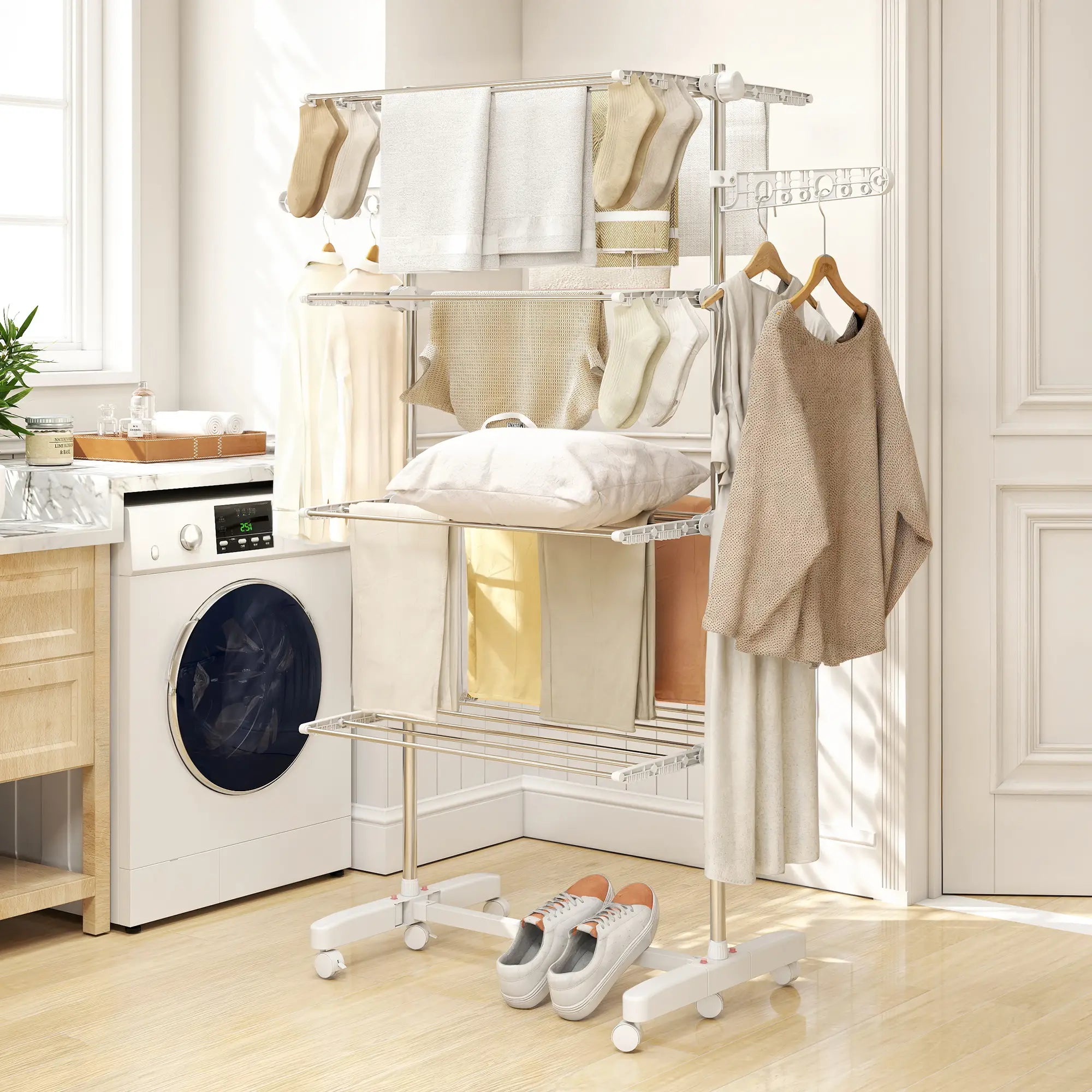 Stainless Steel Folding Clothes Drying Rack, Side Wings, Castors, Indoor Outdoor, White Bath Accessories at Gallery Canada