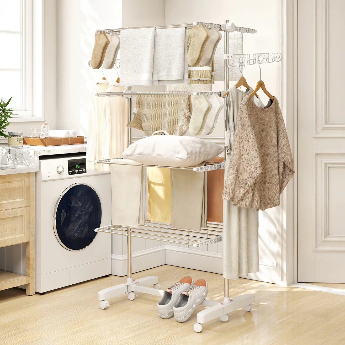 Stainless Steel Folding Clothes Drying Rack, Side Wings, Castors, Indoor Outdoor, White Bath Accessories at Gallery Canada