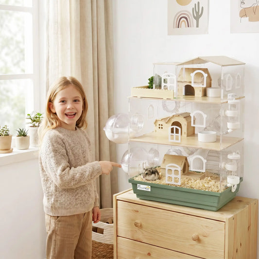 Large Hamster Cage, 3 Tiers Acrylic Hamster Habitat with Water Bottles, Running Wheel for Pet Mice, Dwarf Hamster Hamster Cages Green, Transparent, Natural Wood at Gallery Canada