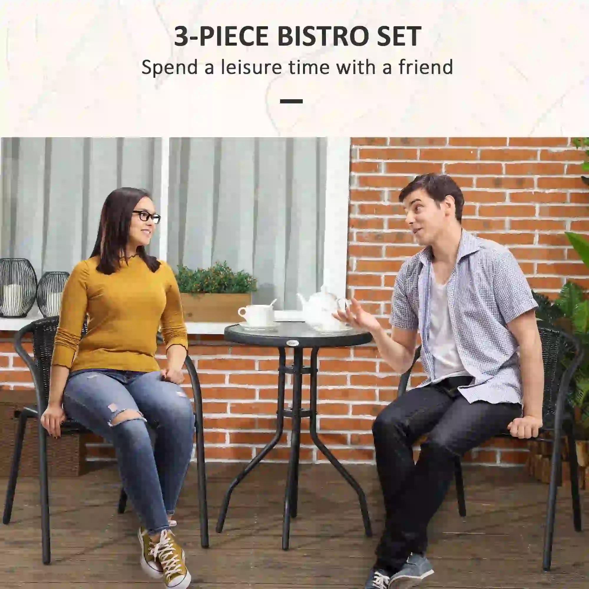 3-Piece Outdoor Wicker Set, 2 Stackable Chairs, Glass Table, Black Bistro Sets at Gallery Canada