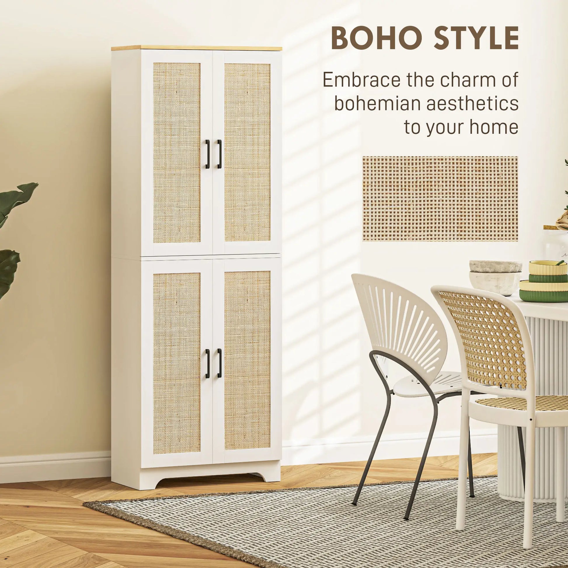 67" Tall Kitchen Pantry, Freestanding Cabinet, 4 Rattan Doors, Adjustable Shelves, White Storage Cabinets at Gallery Canada