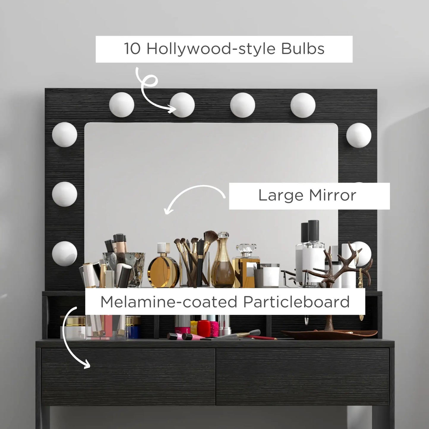 Vanity Table, Makeup Dressing Table with LED Lighting Mirror, Drawers, for Bedroom, Black Dressing & Vanity Tables at Gallery Canada