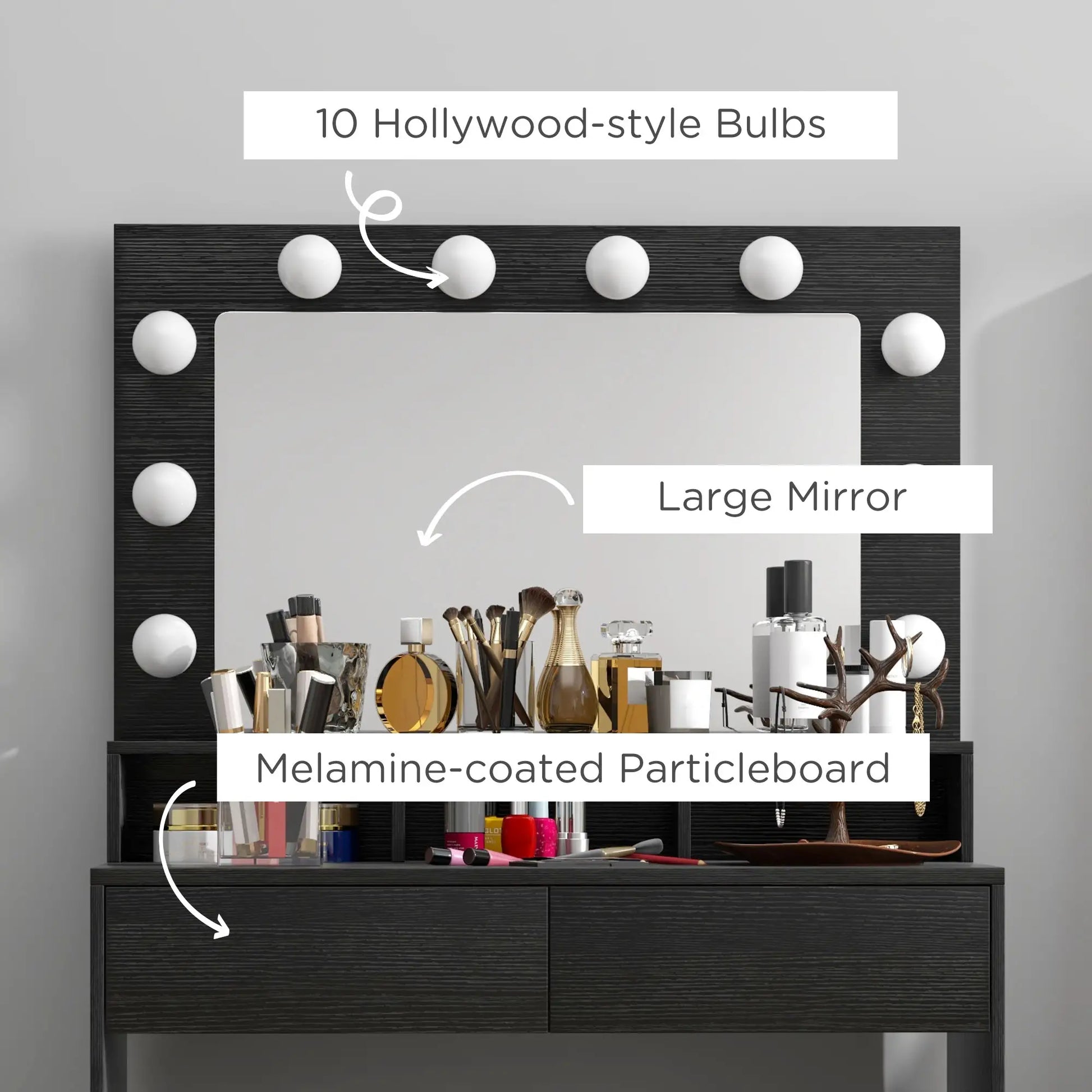 Vanity Table, Makeup Dressing Table with LED Lighting Mirror, Drawers, for Bedroom, Black Dressing & Vanity Tables at Gallery Canada