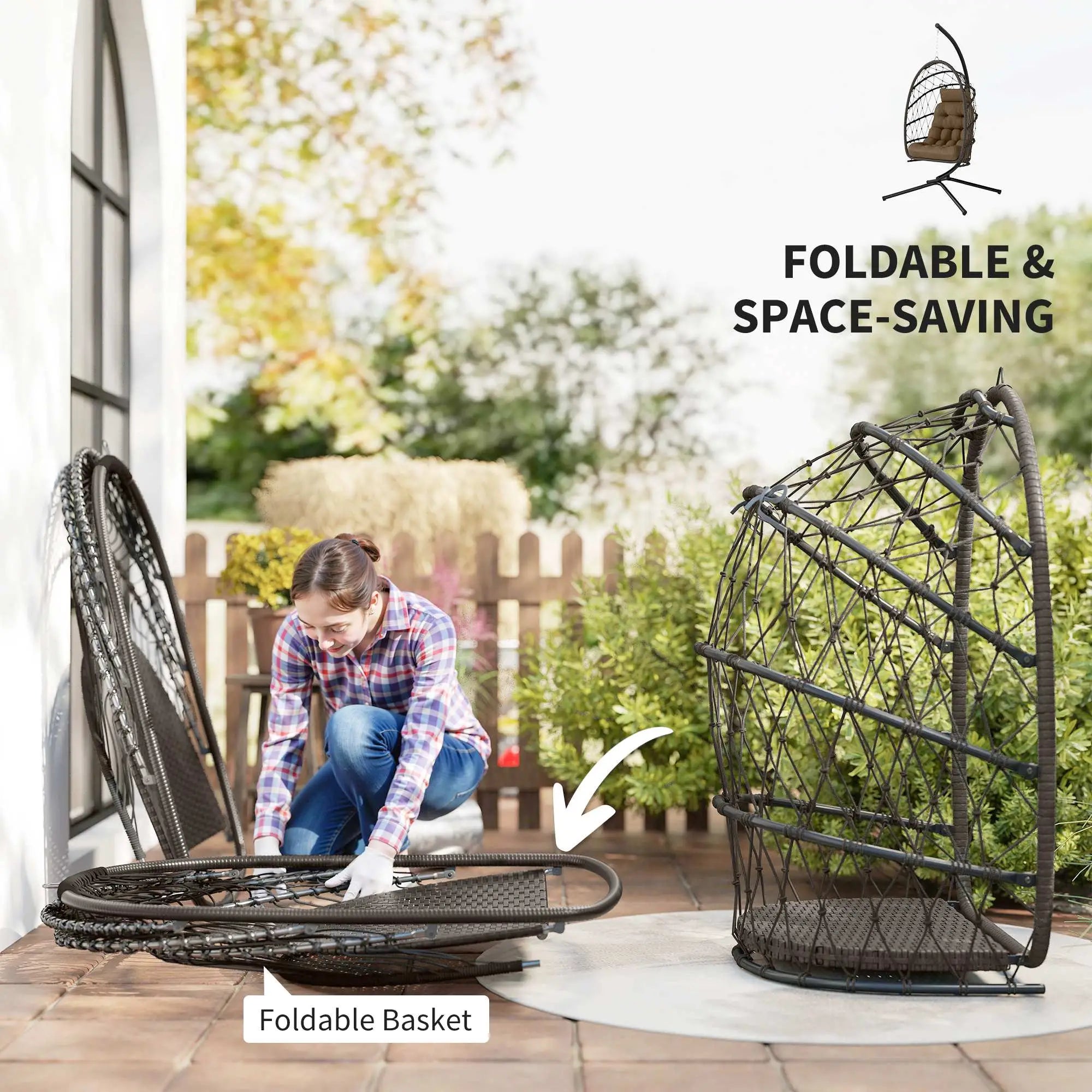 Hanging Egg Chair With Stand, Foldable Wicker Rattan Swing Chair, Brown Patio Swings with Stand at Gallery Canada